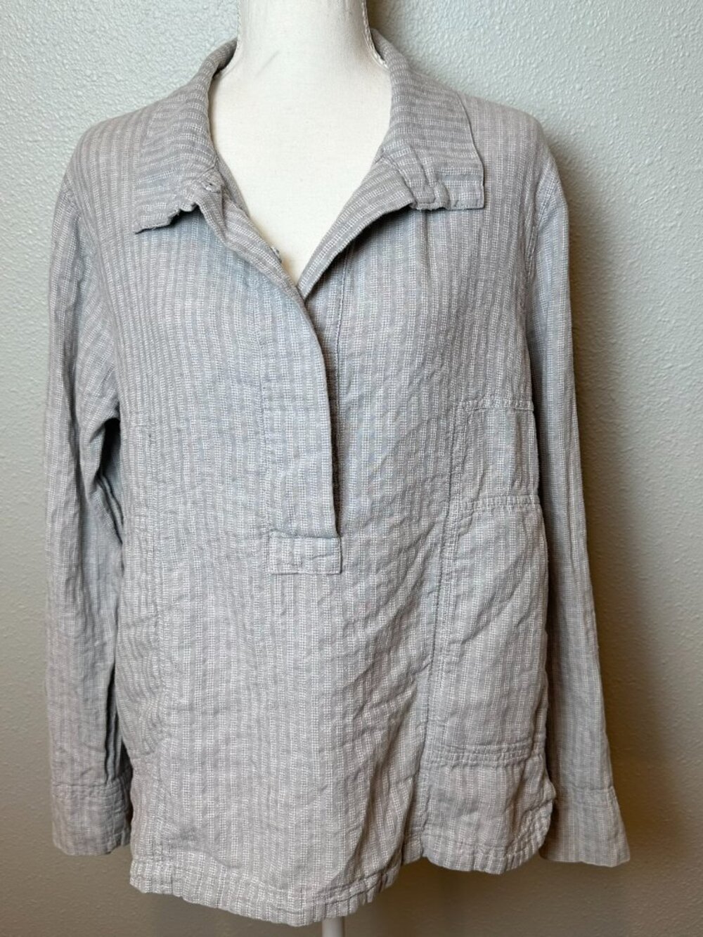POETRY Gray Striped Hemp Organic Cotton Tunic Popover Top Shirt US 8 UK 12